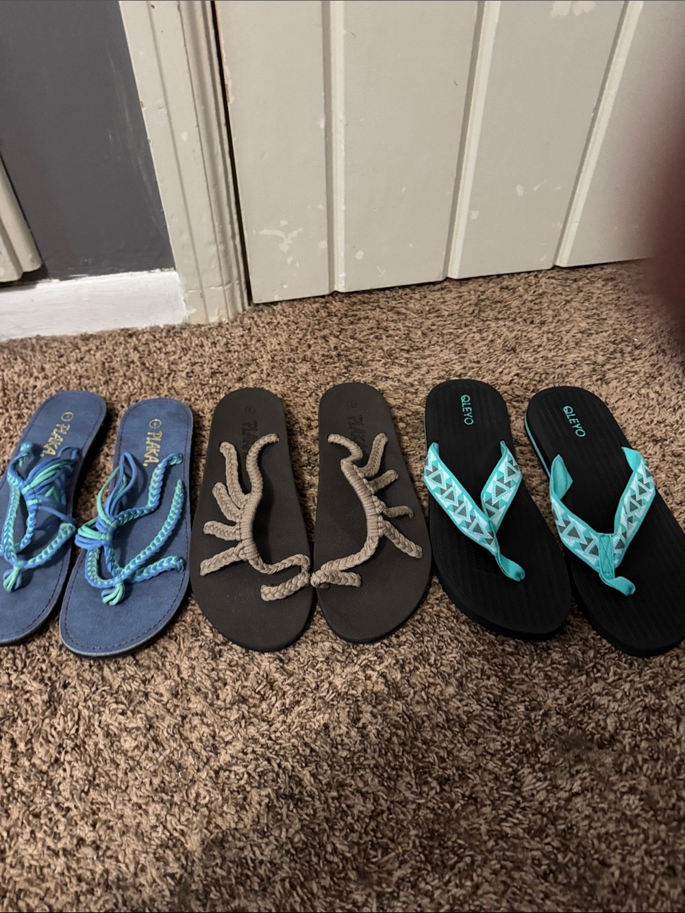 Three Pairs of New Women's Flip Flop Sandals - Blue, Oatmeal, Black/Turquoise